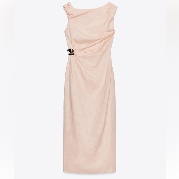 Zara Dresses & Skirts - NWT Zara One-Shoulder Twist Peach Blush Sheath Dress with Gold Accent Size Small